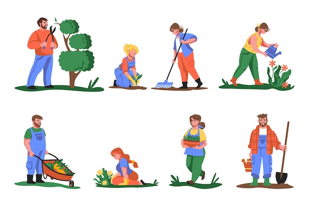 Agricultores. Desenhos animados de pessoas plantando flores e verdes, cortando e fazendo jardinagem, cultivando vegetais e flores. Trabalhadores agrícolas de ilustração vetorial com conjunto de plantas