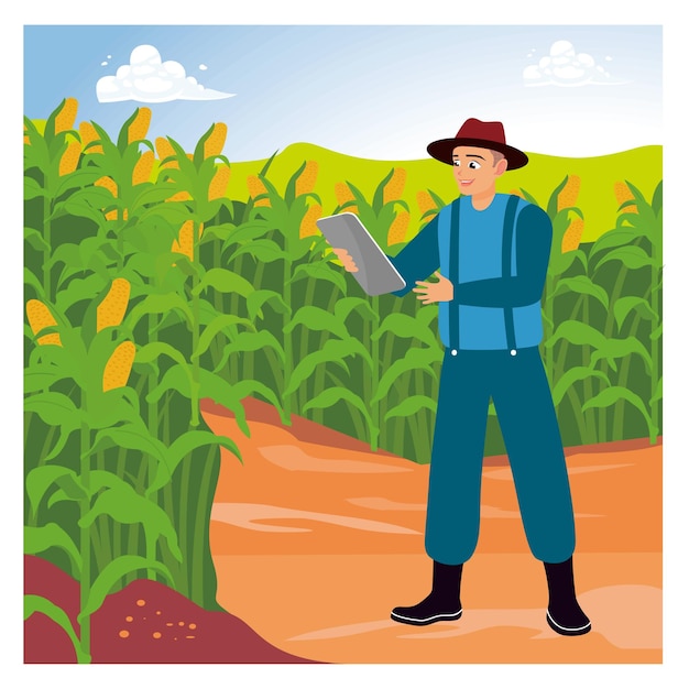 Agricultores modernos em campos de milho usando tablets para monitorar a produção agrícola
