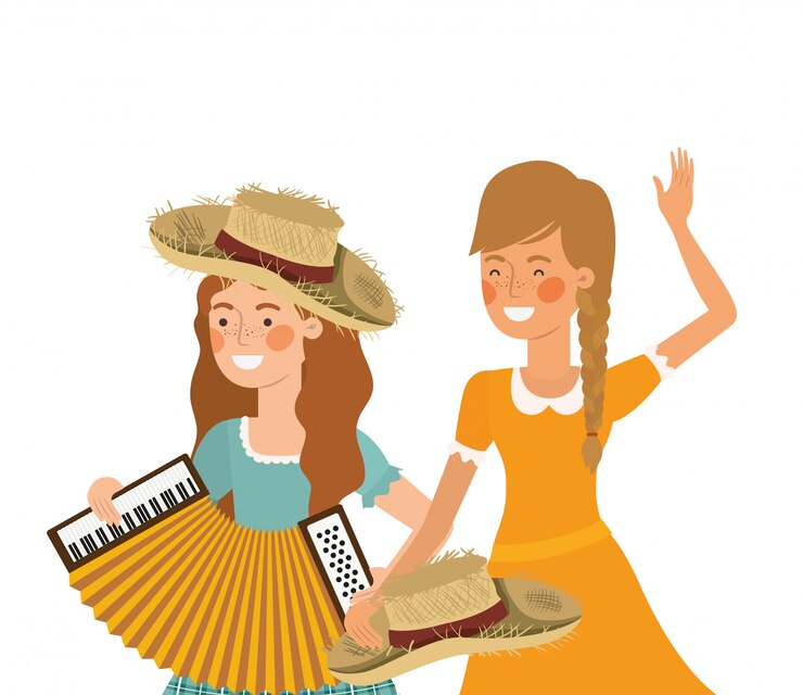Vetor agricultores mulheres com instrumentos musicais
