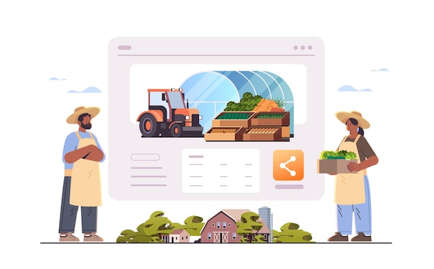 agricultores segurando uma cesta cheia de legumes frescos celebração do dia do trabalho feliz conceito de serviço agrícola ilustração vetorial horizontal