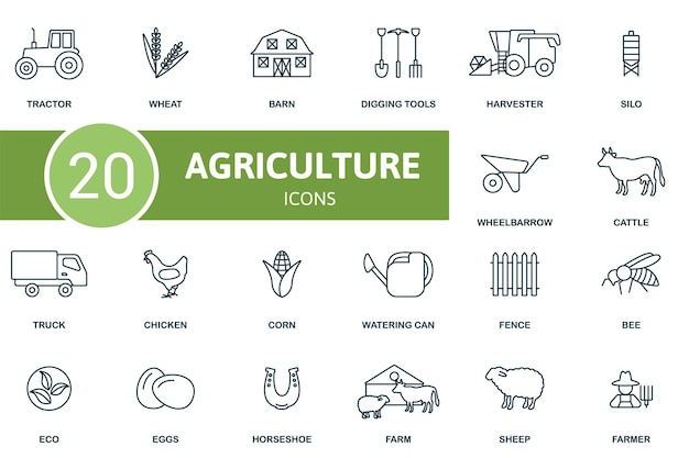 Agricultura conjunto ícones criativos trator celeiro de trigo cavando