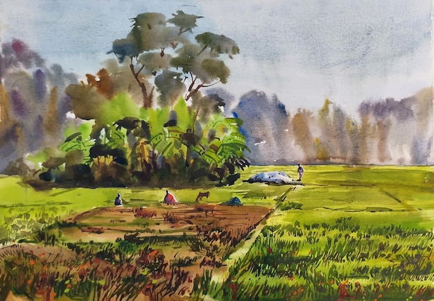 Vetor agricultura de aldeia com boa vista ilustração de paisagem em aquarela