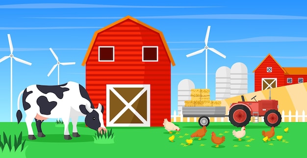 Agricultura e conceito de agricultura com celeiros moinhos de vento galinhas e trator Ilustração vetorial