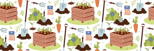 Agricultura e jardinagem de primavera plantação de cenouras em caixas de madeira cultivo de vegetais compost