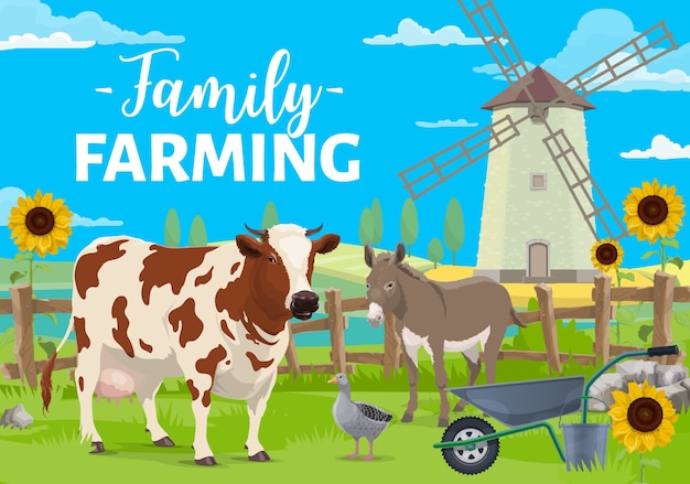 Agricultura familiar. animais de fazenda na paisagem rural com campo de moinho de vento, colheitas e girassóis.