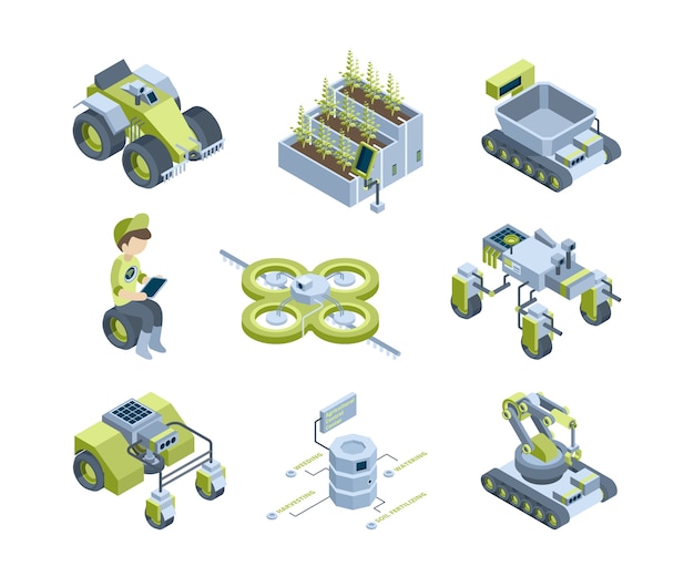 Agricultura inteligente. Futuras máquinas agrícolas industriais inovadores, tratores, colheitadeiras, robôs de efeito estufa, painéis de iluminação isométricos Ilustração de transporte de robô colheitadeira