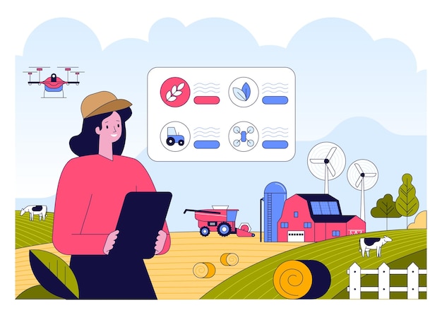 Vetor agricultura inteligente mulher administra fazenda em tablet usando dados e drones máquinas agrícolas