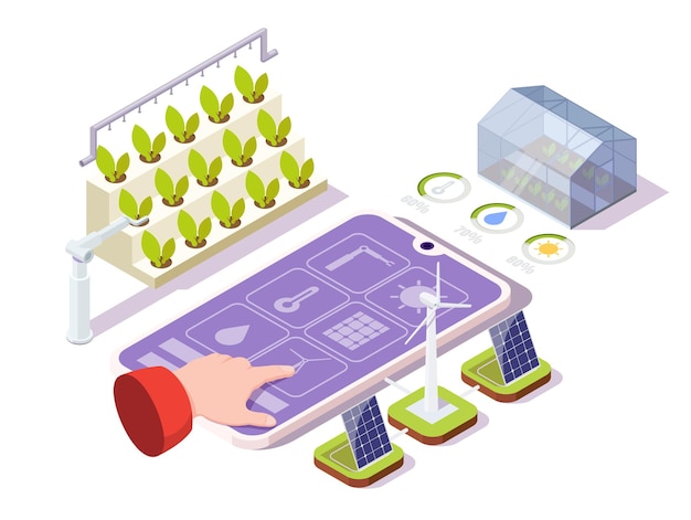 Agricultura inteligente vector ilustração isométrica controle remoto estufa orgânica iot ai technologies in ...