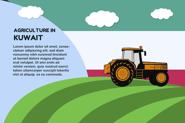 Agricultura no banner conceitual do Kuwait com campo de trator e área de texto agricultura e cultivo