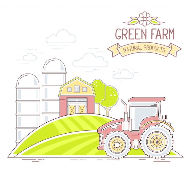 Agronegócio. Ilustração da vida na fazenda verde colorido com economia natural em fundo branco. Conceito de paisagem da vila