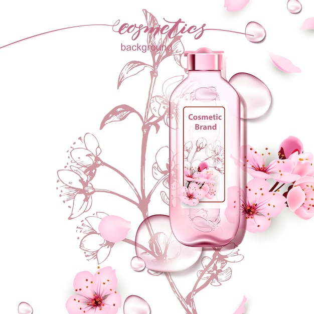 Água cosmética rosa no fundo de um galho de flor de cerejeira desenhada