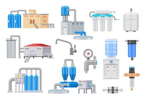 Vetor Água filtrada equipamento de purificação de água doméstica com recipiente de filtros para água limpa e filtragem de água da indústria de válvulas e dispositivo de cozinha doméstico conjunto de vetores