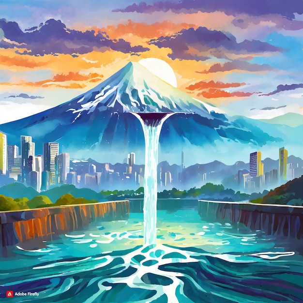 Água fluindo onde ele encontra o céu brilhante com uma cidade e montanha fundo arte digital
