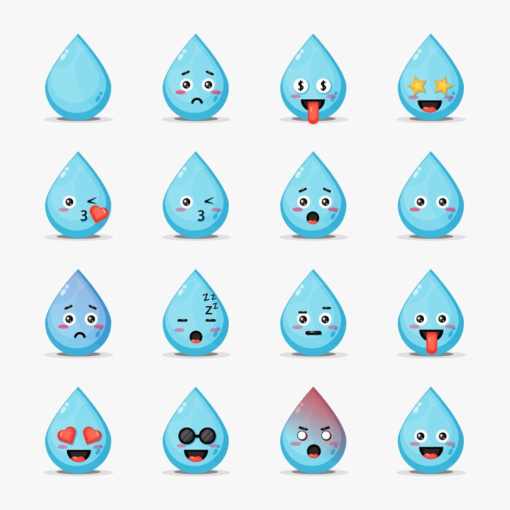 Vetor água fofa com conjunto de emoticons