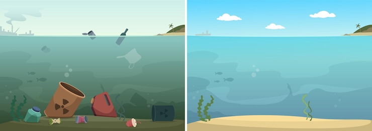 Vetor água limpa e suja. economize oceano, resíduos no mar e limpeza subaquática. cuidado com a ilustração vetorial de meio ambiente. água do oceano tóxica com garrafa e poluição