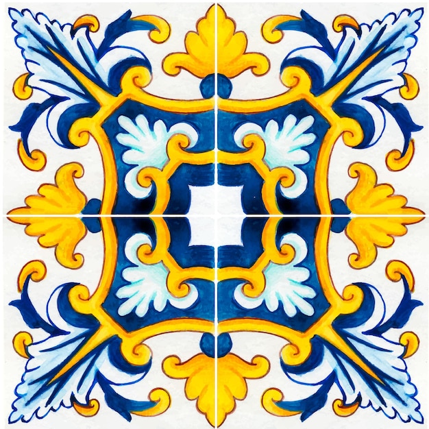 Aguarela desenhada à mão em azulejos tradicionais da sicília