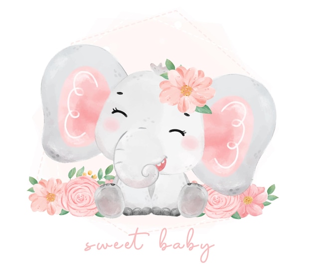 Aguarela doce bebê elefante floral safári de animais selvagens animais de safári ilustração de pintura desenhada à mão