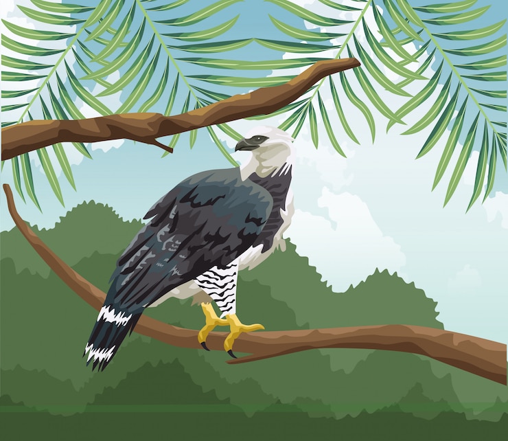 Vetor águia na paisagem tropical da fauna e flora do ramo