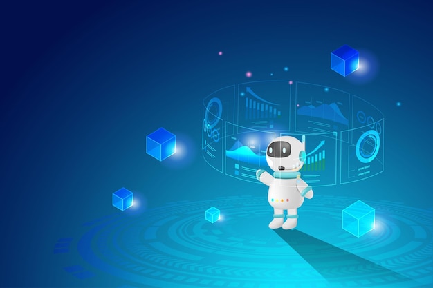 Vetor ai chat bot analisando relatório de gráfico de negócios tecnologia de robô de inteligência artificial atua como assistente de negócios na tomada de decisões e solução de problemas vetor 3d