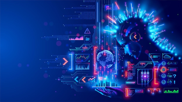AI em imagem robô mulher segura telefone na mão Cidade inteligente na tela Smartphone móvel Comunicação com internet global e IOT Inteligência artificial Processamento de Big Data e Computação em nuvem