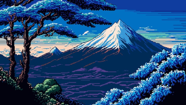 Vetor ai gerado paisagem de pico de montanha nevada fundo de vetor de jogo de pixel de 8 bits panorama de montanha alpina com árvores florestais e cenário de natureza de desenho animado de vale em pixel de 8 bits para nível de jogo de arcade