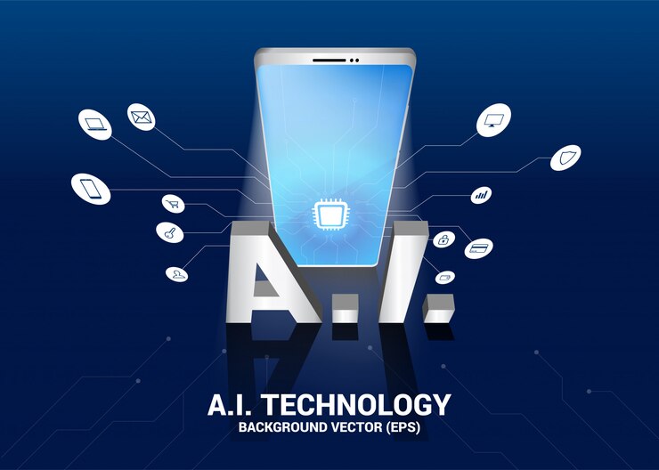 Vetor ai texto e telefone móvel 3d com gráfico de linha de circuito. conceito de telecomunicação móvel com aprendizado de máquina. inteligência artificial