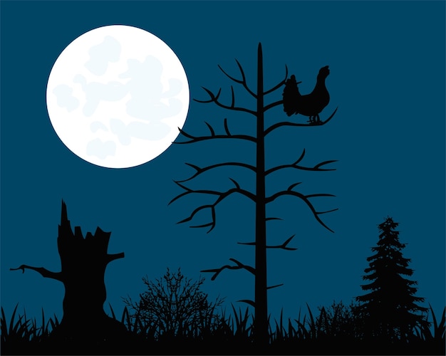 Vetor ajardine a lua da madeira e da árvore na noite