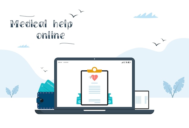 Ajuda médica com laptop online ilustração vetorial em estilo moderno ajuda médica com laptop online