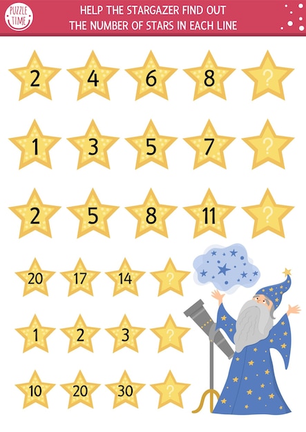 Ajude o stargazer a descobrir o número de estrelas continue o jogo de linha com numerais e personagem de conto de fadas fofo atividade matemática lógica do reino mágico para crianças pré-escolaresxa