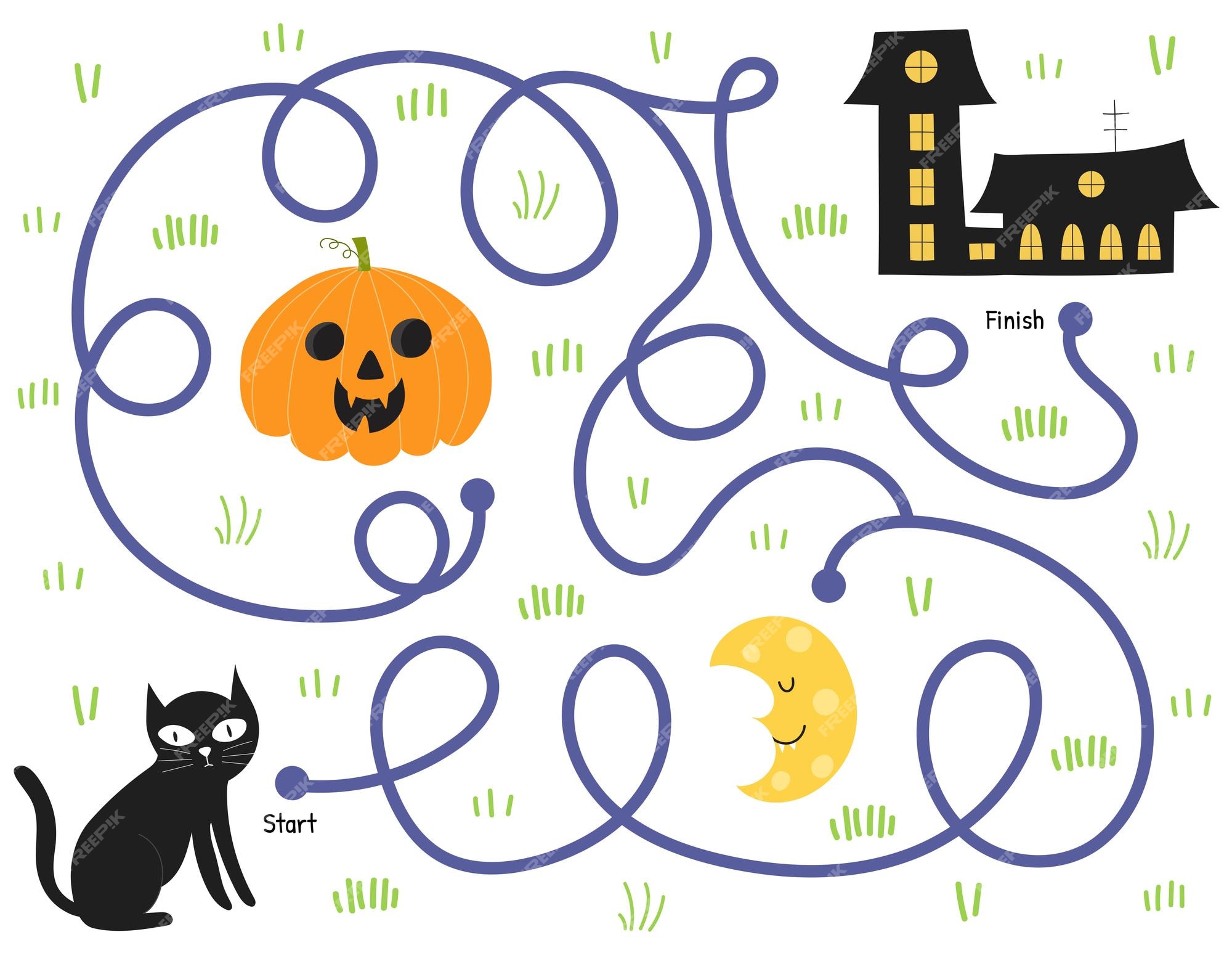 Ajude um gato preto a encontrar o caminho para a casa. jogo de labirinto de  halloween para crianças em estilo cartoon