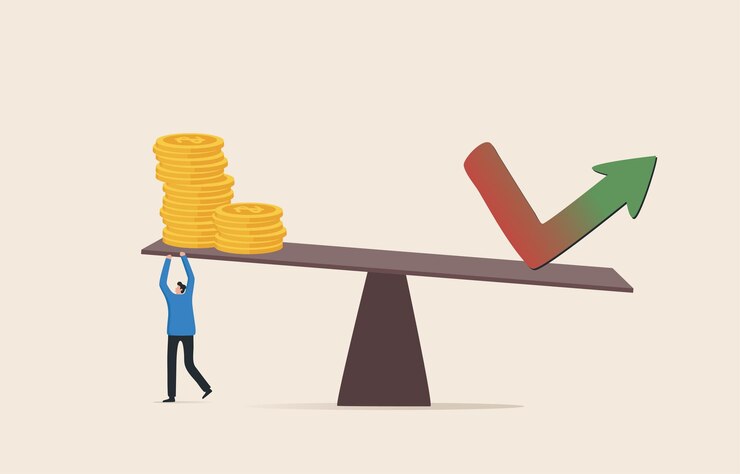 Vetor alavancar o investimento comprar ações através de uma conta de saldo de crédito a gestão de fundos é uma oportunidade e um risco empresário equilibrando moedas empilhadas com na gangorra de madeira