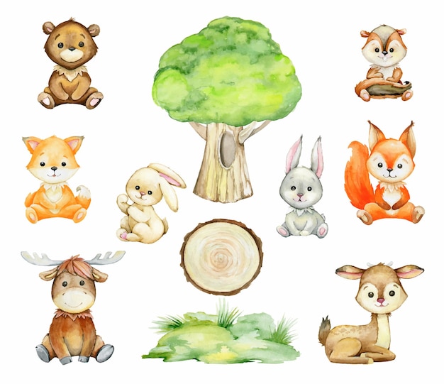 Vetor alce, lebre, esquilo, raposa, veado, texugo, urso, árvore, estilo de desenho animado, sobre um fundo branco. aquarela, conjunto de animais da floresta.