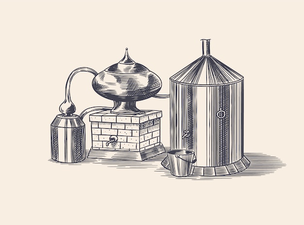 Álcool destilado. dispositivo para preparar tequila, conhaque e destilados. esboço vintage desenhado mão gravada. estilo xilogravura. ilustração para menu ou cartaz.