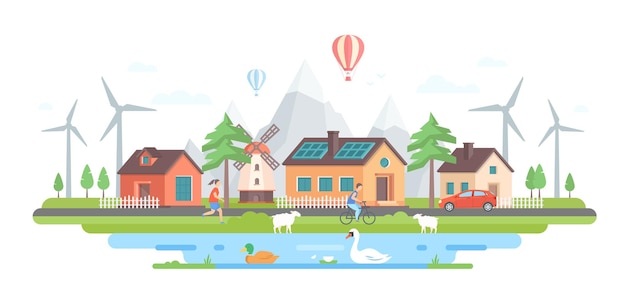 Aldeia ecológica - ilustração em vetor estilo design plano moderno sobre fundo branco. Linda paisagem com pequenos edifícios, árvores, moinhos de vento, lago, pessoas ativas, ovelhas, carros na estrada