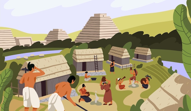 Vetor aldeia maia com cabanas civilização maia antiga vida nativa americana tribo indiana cozinhar trabalhando pirâmides astecas religião paisagem mexicana com edifícios tribais ilustração vetorial plana
