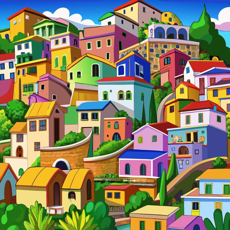 Vetor aldeia vibrante de desenhos animados em uma encosta arquitetura lúdica e cores ousadas