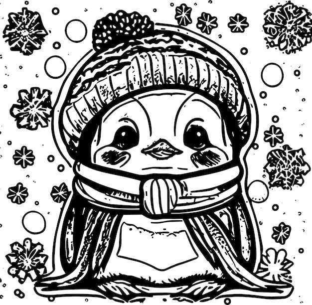 Alegre Bebê Pinguim Livro para Colorir Chapéu de Inverno Cachecol e Diversão com Flocos de Neve