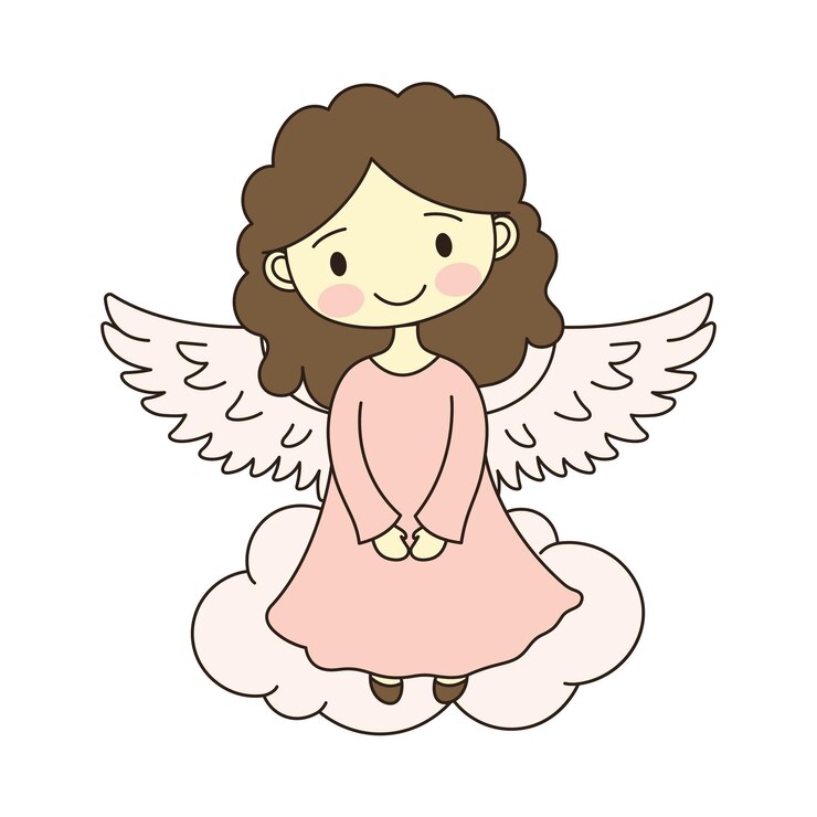 Vetor alegre, bonita, fofa, alada, menina, anjo, personagem de desenho animado na nuvem no céu