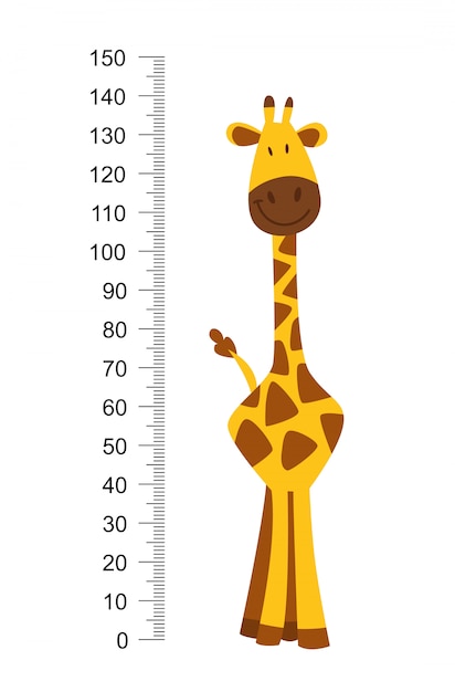 Alegre girafa engraçada com pescoço comprido. medidor de altura ou medidor de parede ou adesivo de parede de 0 a 150 centímetros para medir o crescimento. ilustração infantil