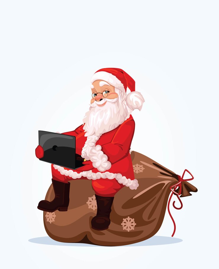 Vetor alegre papai noel, sorridente personagem de desenho animado, feriado de natal, no fundo, sentado em uma sacola com um laptop.
