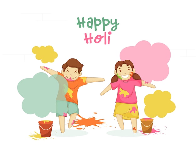 Alegres crianças indianas desfrutando e celebrando o festival de cores e baldes em fundo branco