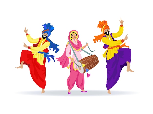 Vetor alegres sikhs em roupas nacionais dançando homens garota com tambor
