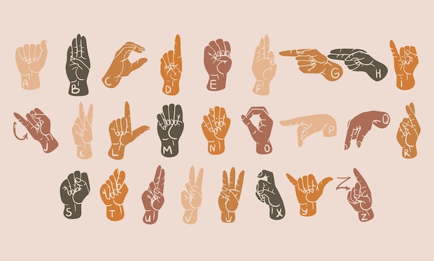 Alfabeto american sign language 26 letras da ortografia asl sign language. gestos da cultura surda