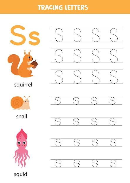 Alfabeto animal para crianças em idade pré-escolar A letra S é para esquilo, caracol e lula