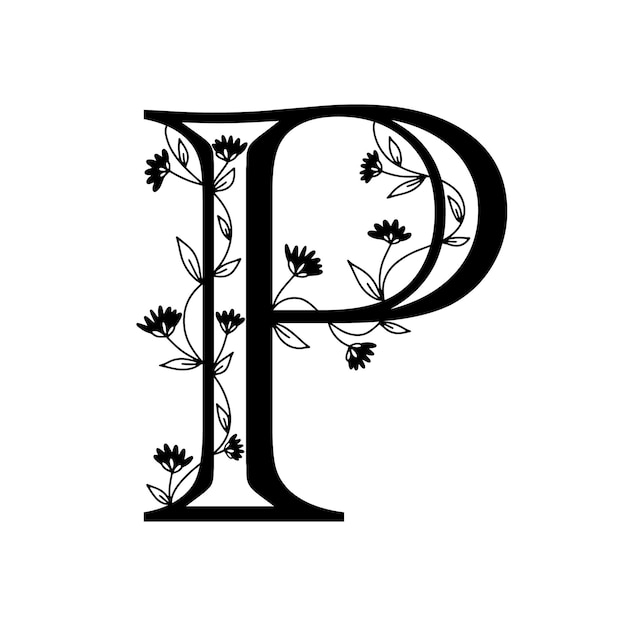 Vetor alfabeto botânico floral. carta de monograma desenhada à mão vintage p. carta com plantas e flores