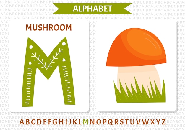 Alfabeto com a imagem de um cogumelo e uma régua