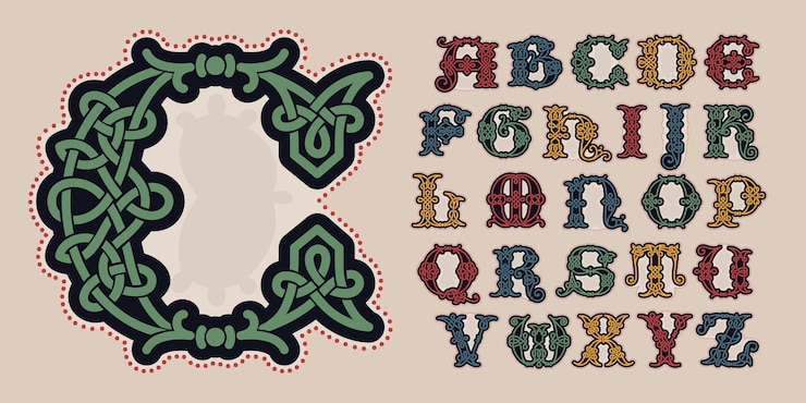 Vetor alfabeto com linhas espirais de nós celtas e pontos vermelhos inicial medieval de cor escura