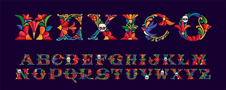 Vetor alfabeto com padrão étnico mexicano colorido e ornamentado. ornamento tradicional de bordado de folhas e flores astecas. modelo de design vetorial para comida folclórica espanhola, feriados, carnaval e festa.