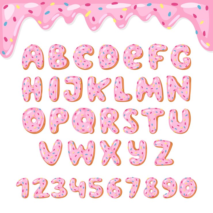 Vetor alfabeto crianças donuts alfabéticos fonte abc com letras rosa e números vitrificados com glacê ou tipografia alfabética doce para ilustração de feliz aniversário, isolada no fundo branco