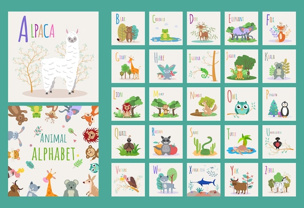 Alfabeto de animais animais fofos com letras latinas em um fundo branco conjunto de 26 animais ilustração vetorial colorida